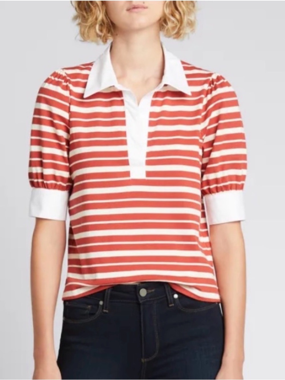 Veronica Beard McKinley Red & White Striped 100% Cotton
Collared Polo Shirt - S